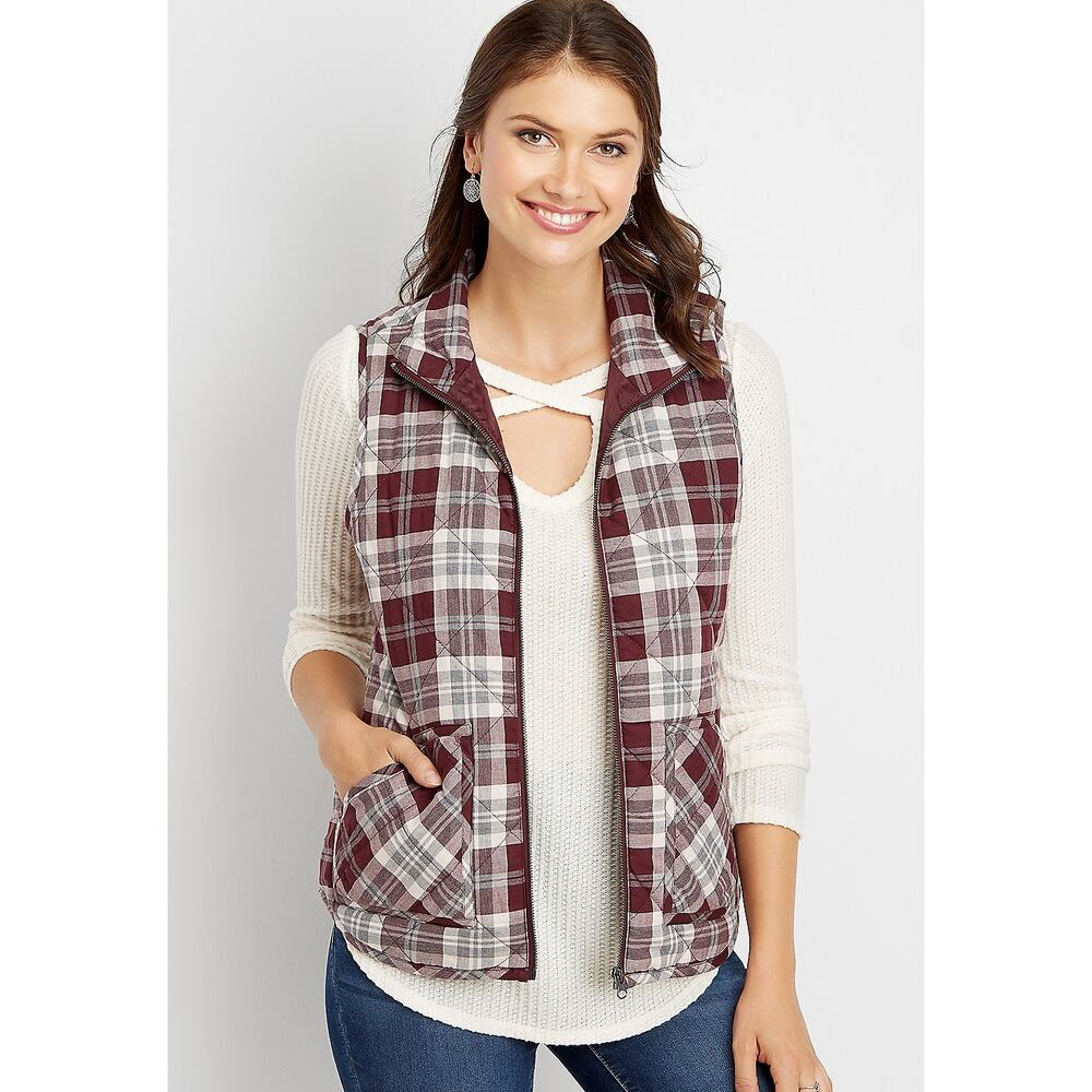 Maurices NWT Plaid Diamond Quilted Puffer Vest Womens Size XL Zip Pockets Layer - Picture 2 of 11